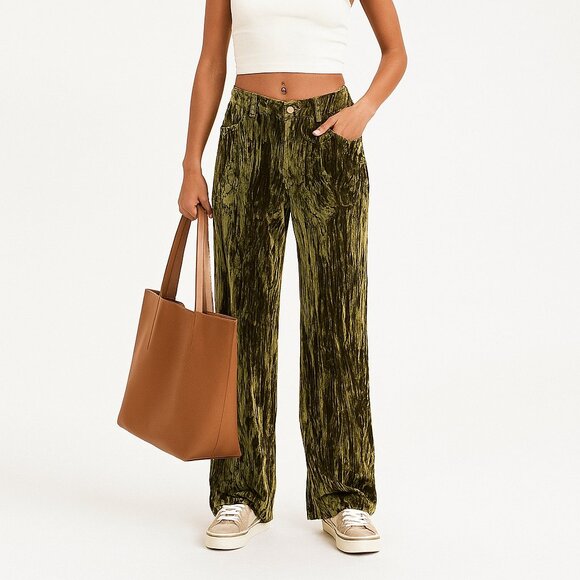 Pretty Garbage Griseta Velvet Burnout Cargo Wide Leg Baggy Pants in Olive Green - Picture 1 of 14